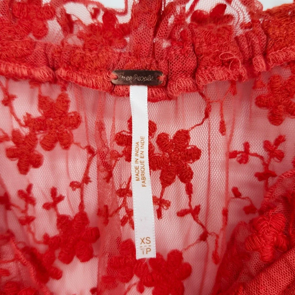 Free People Red Sheer Lace Floral Boho Top Womens XS Romantic Ethereal Fairy‎